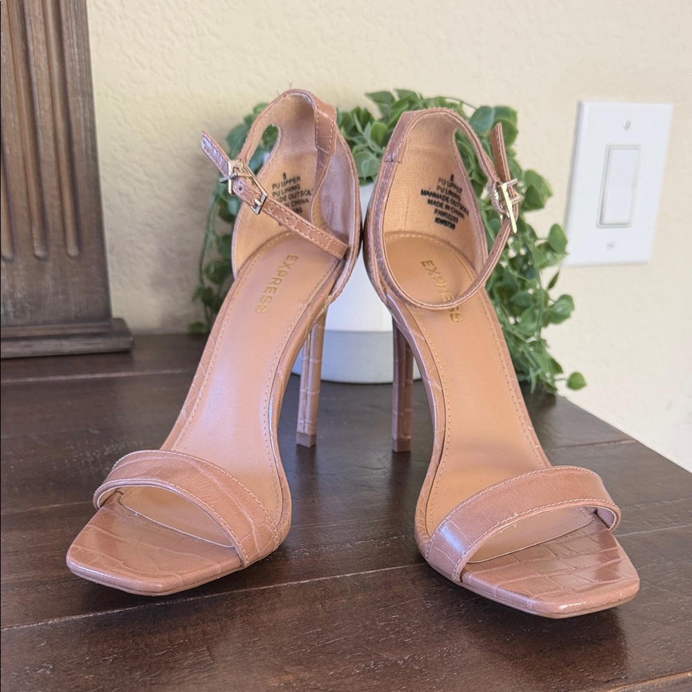 Express Croc-Embossed Tan Ankle-Strap Stiletto Heels
